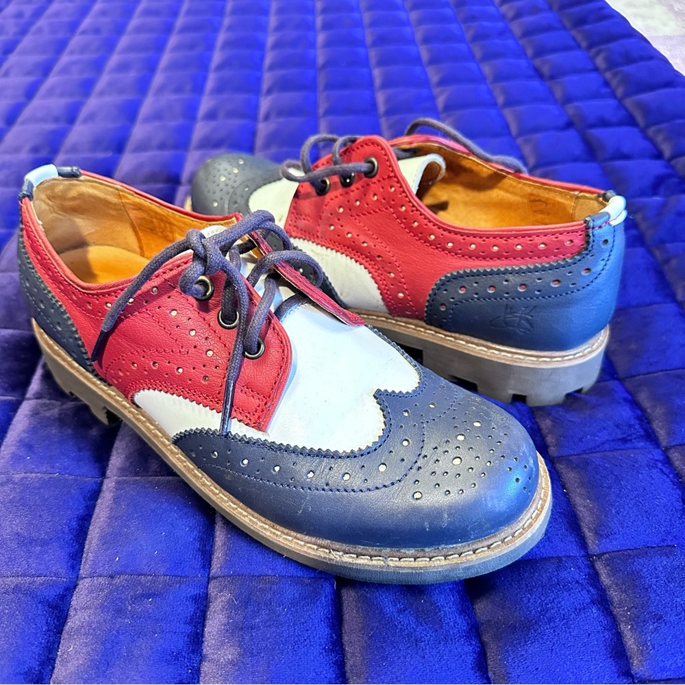 Fluevog 7th Heaven Michael Women's Classic Wingtip Derby in Red White & Blue